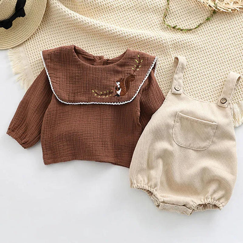 Description Picture 3 of itemInfant Baby Girls Clothes Suit Long Sleeved Cotton Embroidered Shirt+Corduroy Jumpsuit Spring Autumn Children Clothing Suit