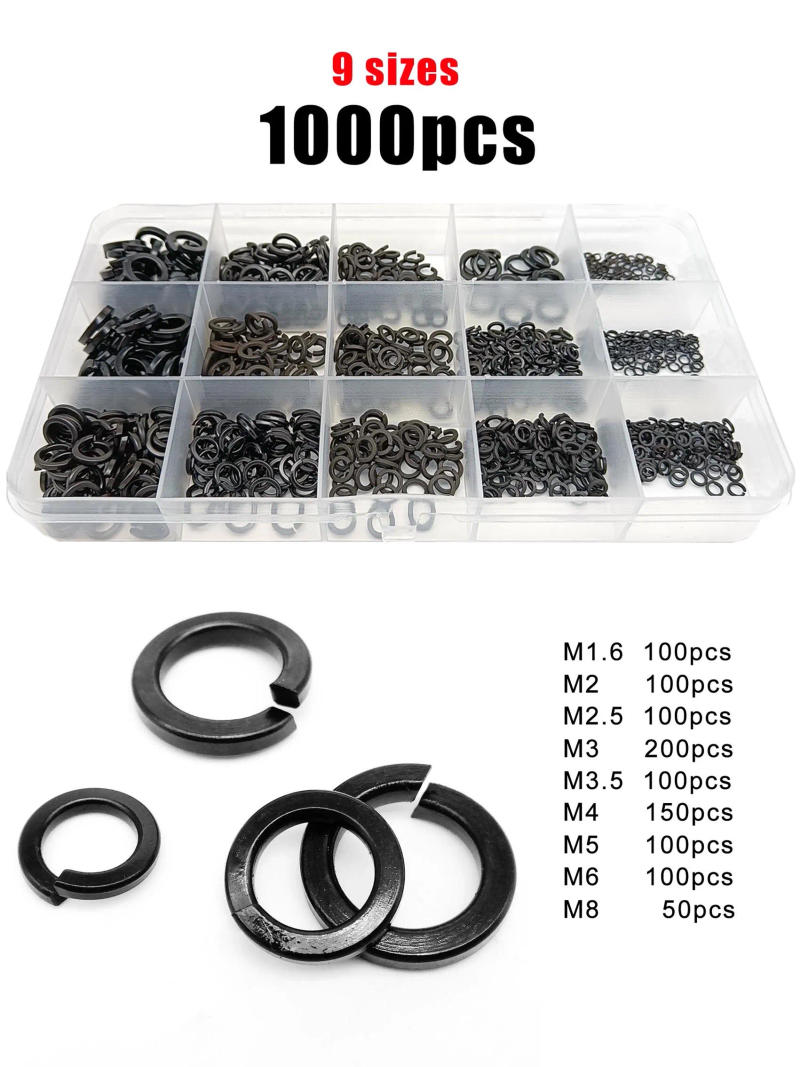 Description Picture 4 of item1000pc Mix Size Kit M1.6 M2 M2.5 M3 M3.5 M4 M5 M6 M8 Black 304 Stainless Steel GB93 Spring Split Lock Washer Elastic Gasket Set