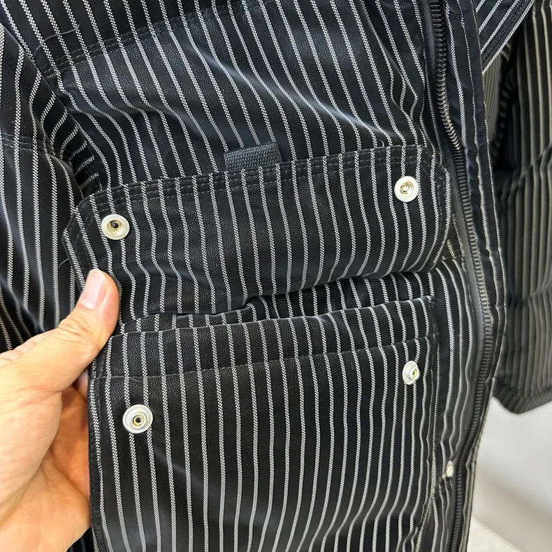 Description Picture 6 of itemMen's winter standing collar down jacket casual down jacket warm striped PU leather business down jacket