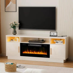 70'' TV Stand with 36'' Fireplace-LED Light Entertainment Center for 75+ inch TV-White TV Cabinet with Storage, Modern TV Consol