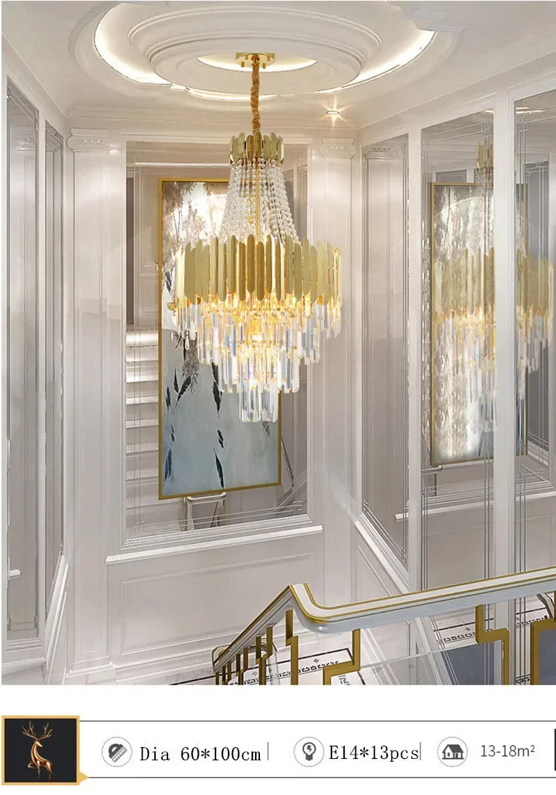 Description Picture 5 of itemLuxury Crystal Chandeliers Golden Large Hanging Lamps Lobby Villa Staircase Pendant Lights for Room Decor Lustre LED Luminaires