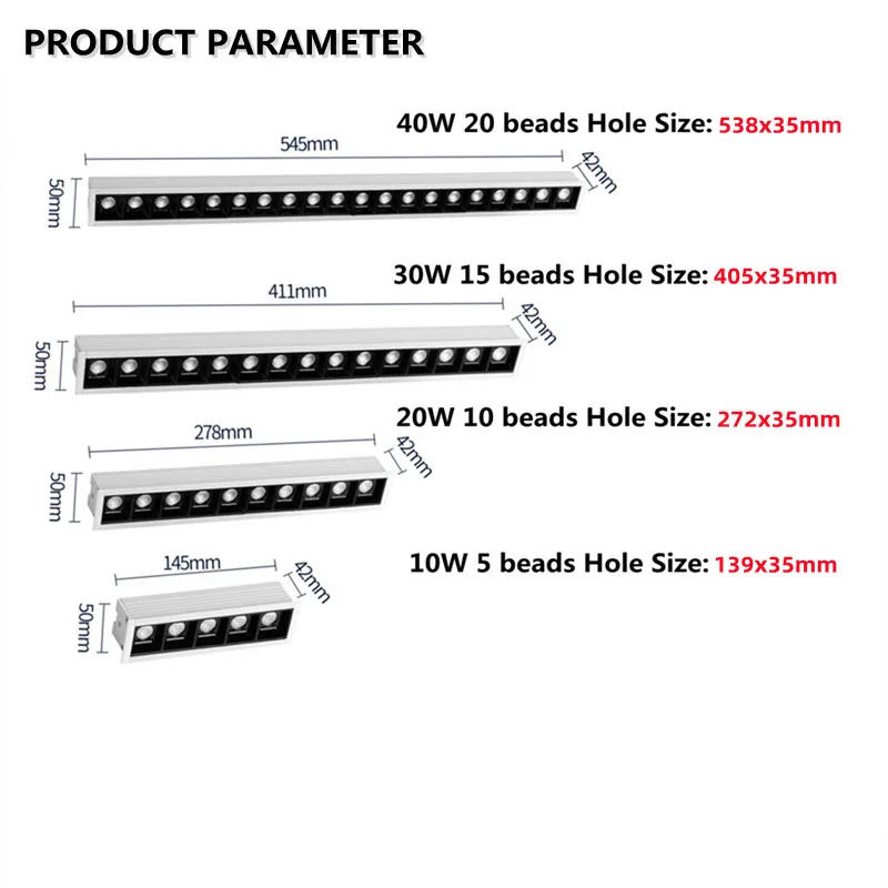 Description Picture 3 of itemnew LED line Downlight Recessed Rectangle Grille Ceiling Lamp 10W 20W 30W AC85~265V LED Spot Light For Home Shop Decor Living