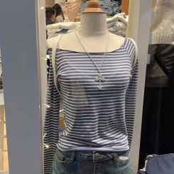 New Blue Striped Long Sleeve T-shirt Woman Autumn Sexy Slash Neck Cotton Tee Shirts Casual Vintage Streetwear Slim Crop Tops