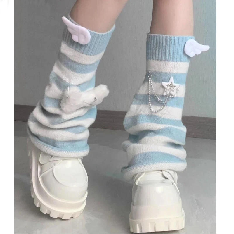 Description Picture 5 of item2024 Women Gothic Lolita Striped Leg Warmer Harajuku Y2k Girls Punk Black Blue Wing Plush Bones Knitted Leg Cover Streetwear
