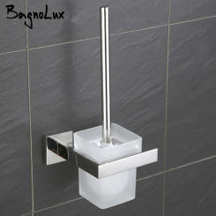 Modern Stainless Steel Wall Mounted Toilet Brush Holder Shelf Toilet Brush Organizer with Frosted Glass Brushed Nickel