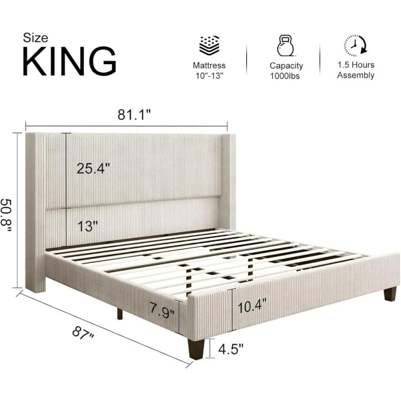 Description Picture 3 of itemKing Size Upholstered Platform Bed Frame, Wingback Bed with 50.8" Headboard, Corduroy/Solid Wood Leg/No Box Spring Needed