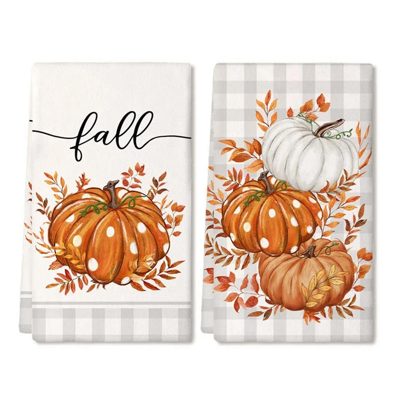 Description Picture 4 of item2PCS Fall Kitchen Towels Set Of 2 Orange Pumpkin Grey Check Towels Autumn Dish Towels Drying Dishcloth Farmhouse Home Decor