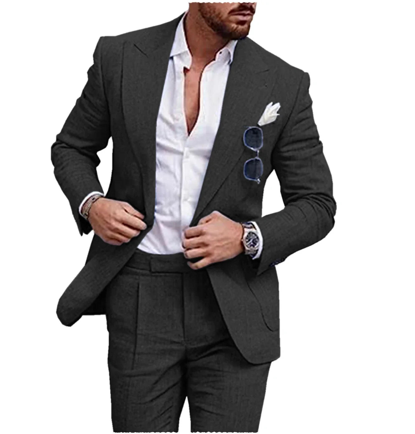 Description Picture 5 of itemHigh-quality Summer Linen Solid Color Men's 2 Pieces (Jacket+Pants) Regular Fit Casual Fashion Set