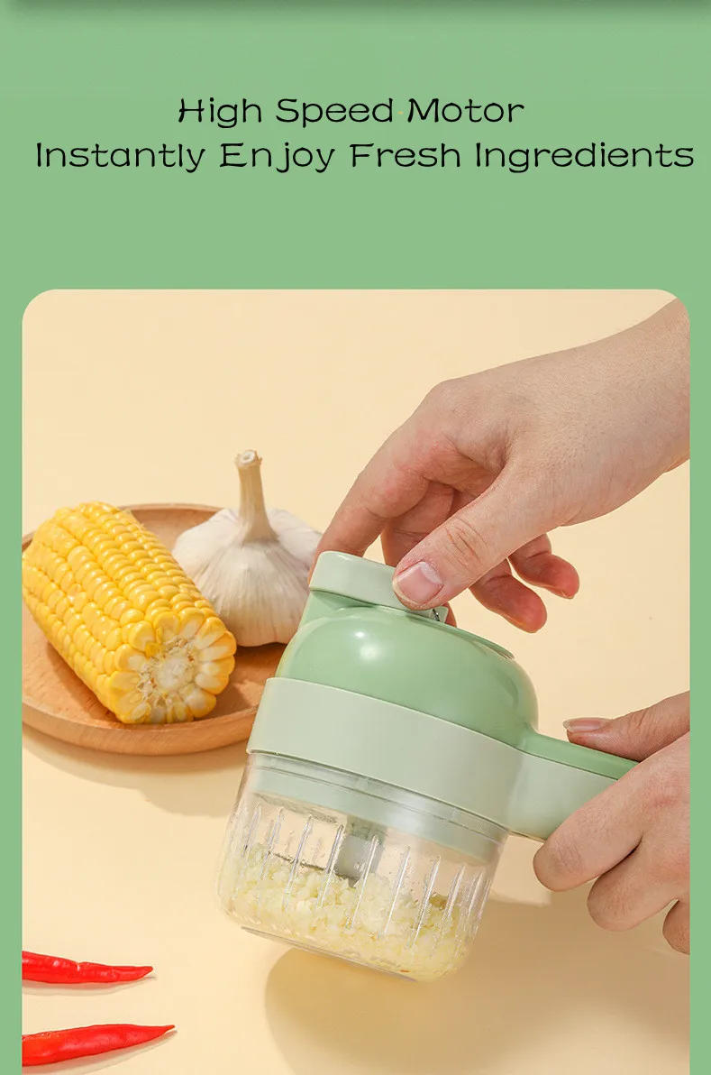 Description Picture 5 of item4In1 Electric Vegetable Cutter Set Handheld Wireless Electric Garlic Masher Food Chopper Meat Grinder Machine Food Peel Slice