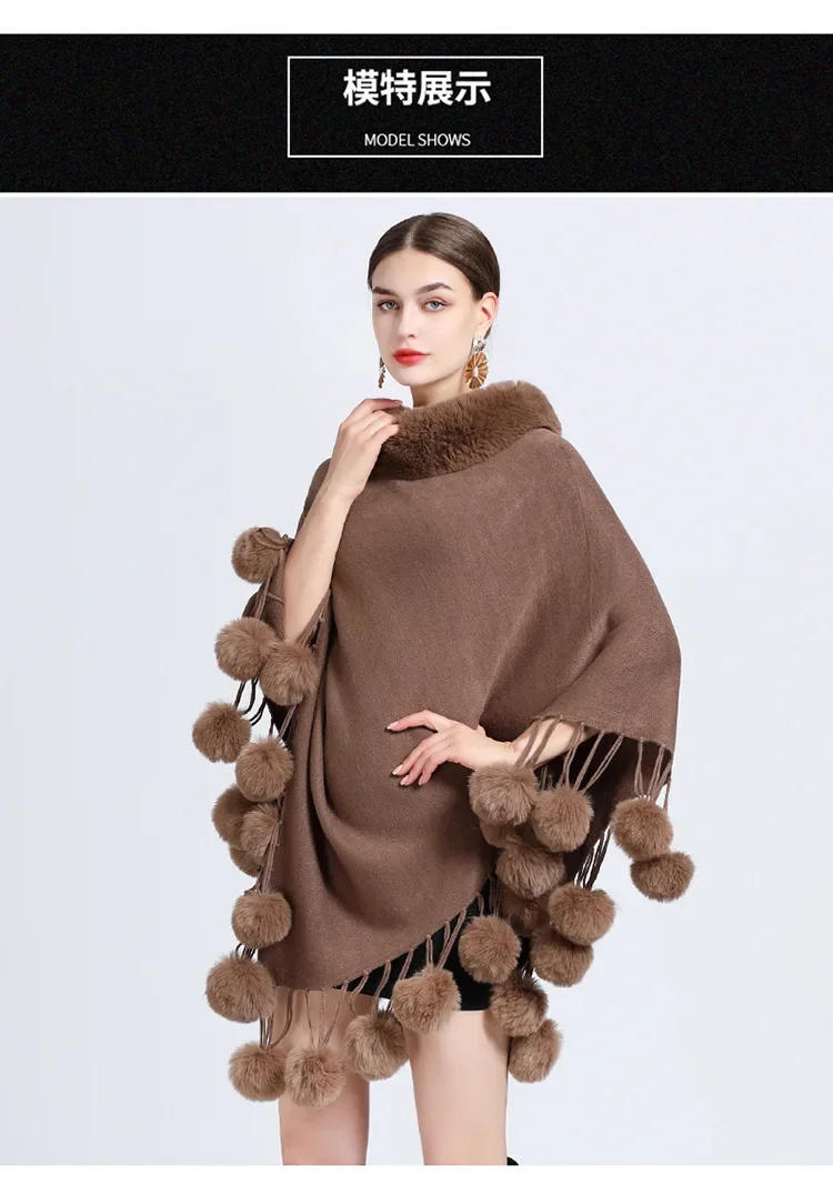 Description Picture 3 of item5 Colors Winter Faux Rabbit Fur Tassel Pompo Oversize Pullover Shawl Streetwear Coat Women O Neck Bottom Ball Loose Poncho Cappa