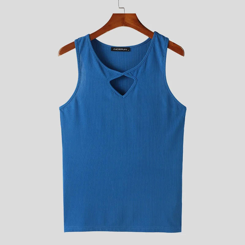 Description Picture 5 of item2024 Men's Tank Tops Solid Color V Neck Sleeveless Fitness Hollow Out Male Vests Streetwear Summer Casual Men Clothing INCERUN