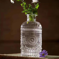 Embossed Glass Vase Retro Flower Vase Nordic Home Decor Plant Pot Room Decoration Accessories for Living Room Desktop Decoration
