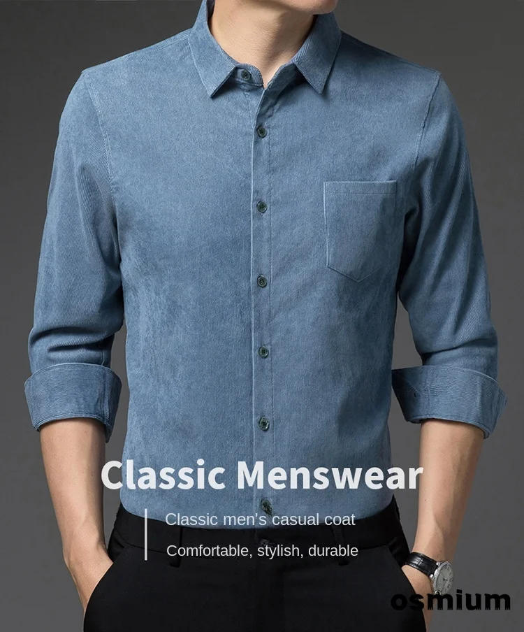 Description Picture 4 of itemMale Formal Dress Wear Shirt Vintage Blue Brown Button Long Sleeve Warm Winter Shirts Oversize Man Thick Polo Collar Classic 4xl