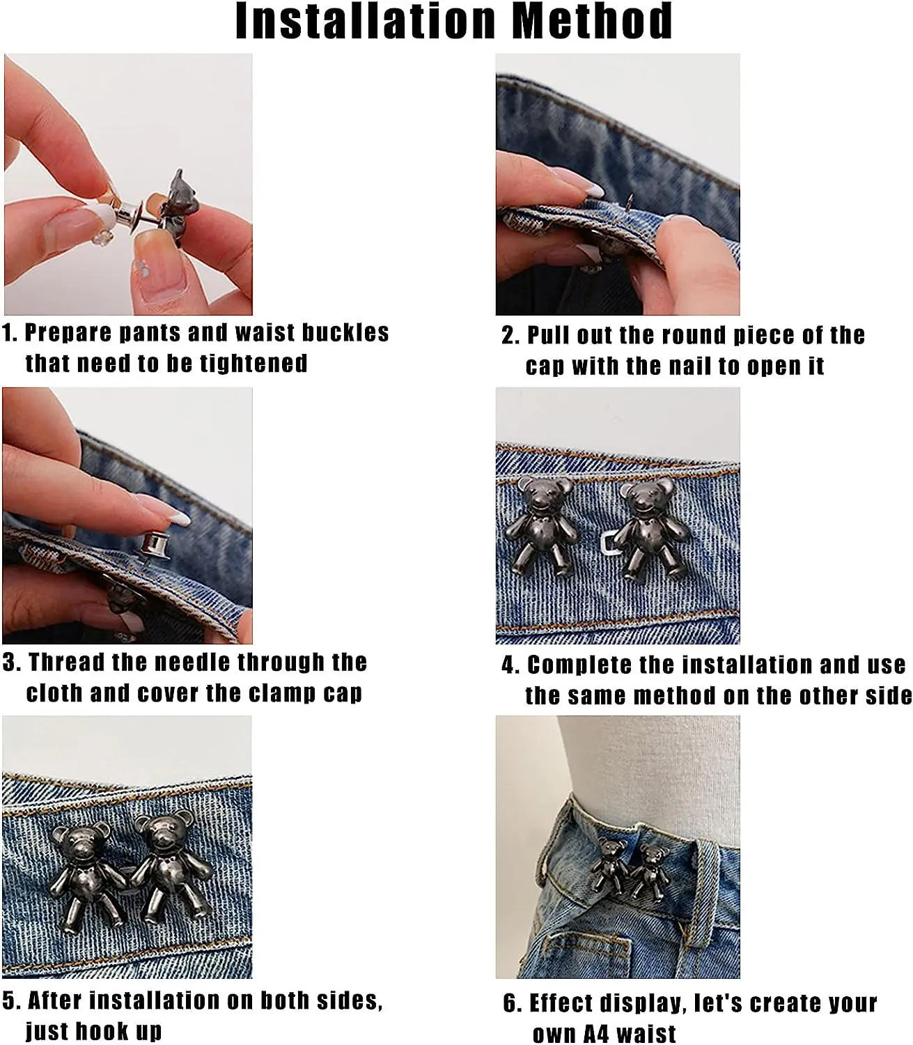 Description Picture 3 of item2Pcs Bear Shaped Adjustable Jean Button Waist Buckle Snap Pants  Extender Replacement Jeans  Attacher Pins