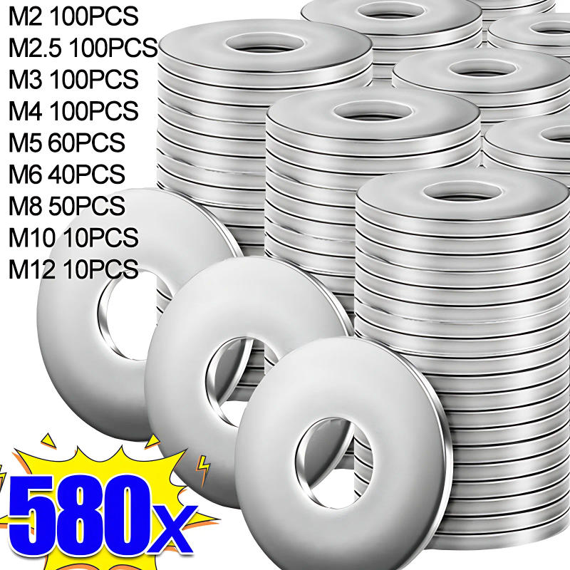 Description Picture 4 of item580/180pcs Stainless Steel Flat Washer Plain Gaskets Metal Washers Rings for Screw Assortment Kits M2 M2.5 M3 M4 M5 M6 M8 M10