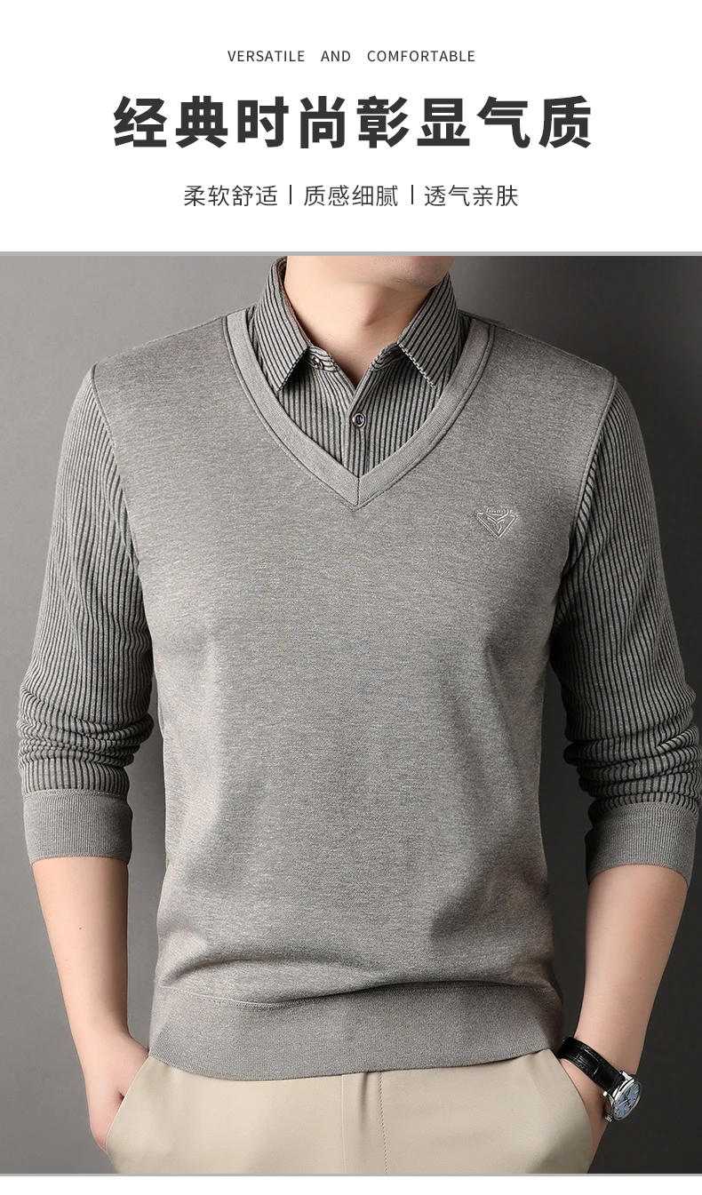 Description Picture 2 of itemAutumn and winter men's fake two knitted cardigans with shirt collar coat men's sweater