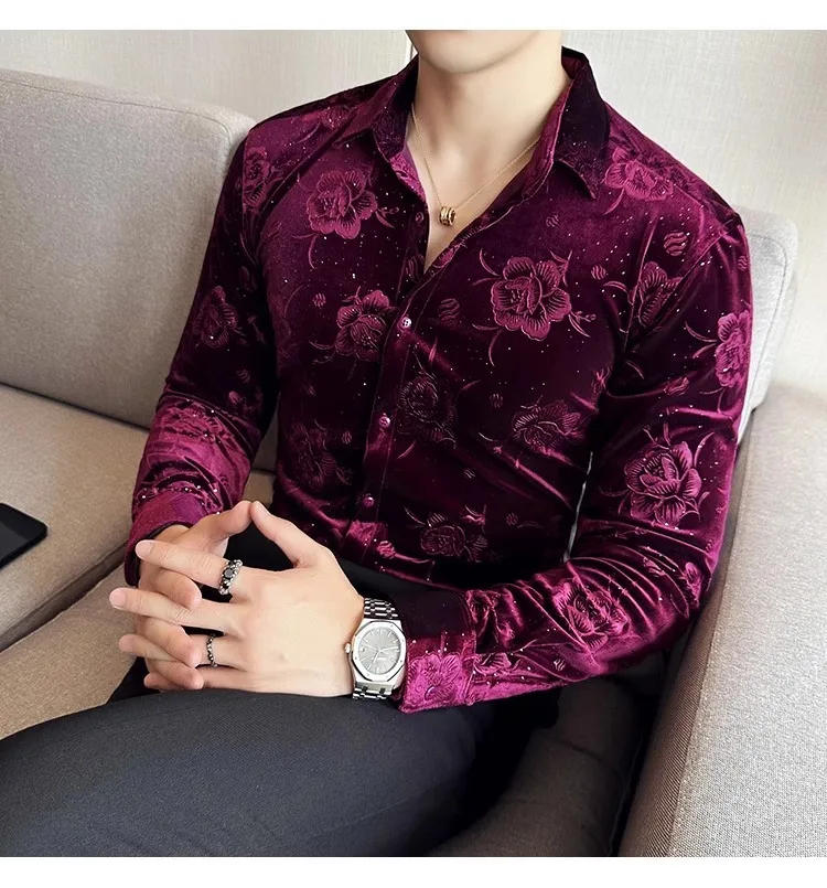 Description Picture 4 of itemLuxury Print Velvet Men Shirts Spring Long Sleeve Slim Casual Business Dress Shirt Social Party Streetwear Tuxedo Blouse 2024