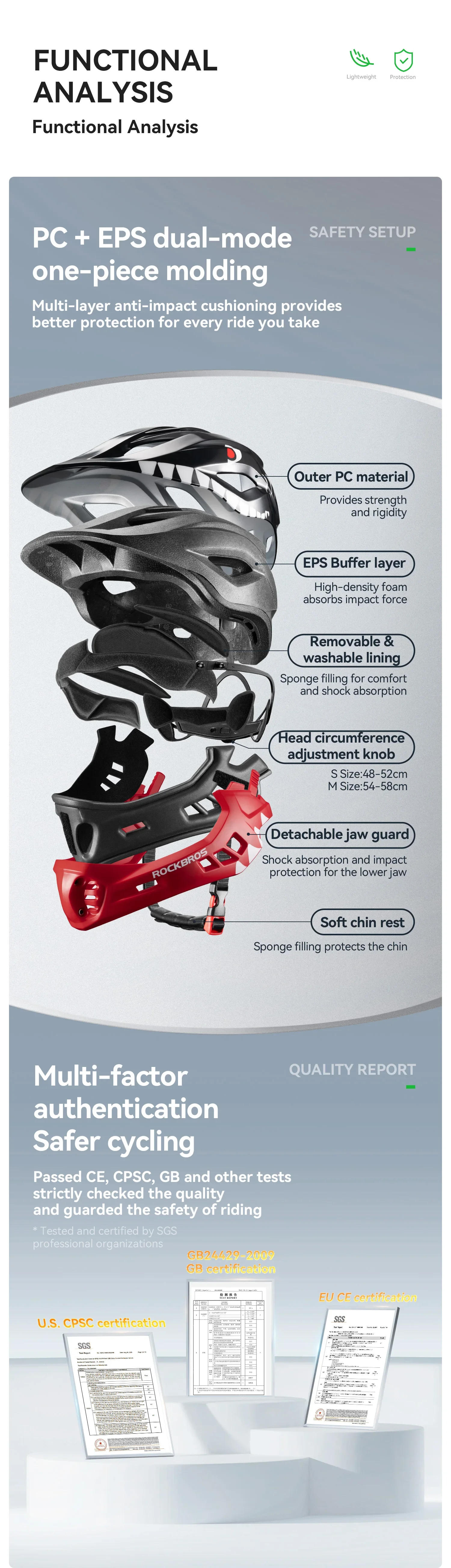 Description Picture 5 of itemROCKBROS Child Cycling Helmets Detachable Full Face Helmet Lightweight Adjustable Bicycle Scooter Helmet Safety Breathable