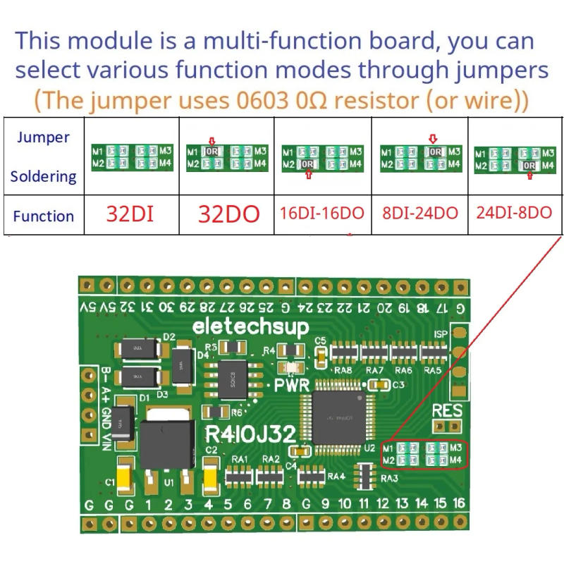 Description Picture 3 of item32CH RS485 2.54mm Pin Core Board Modbus Rtu Input and Output Control PLC HMI Remote IO Expanding Board R4IOJ32 DC 5V 12V 24V