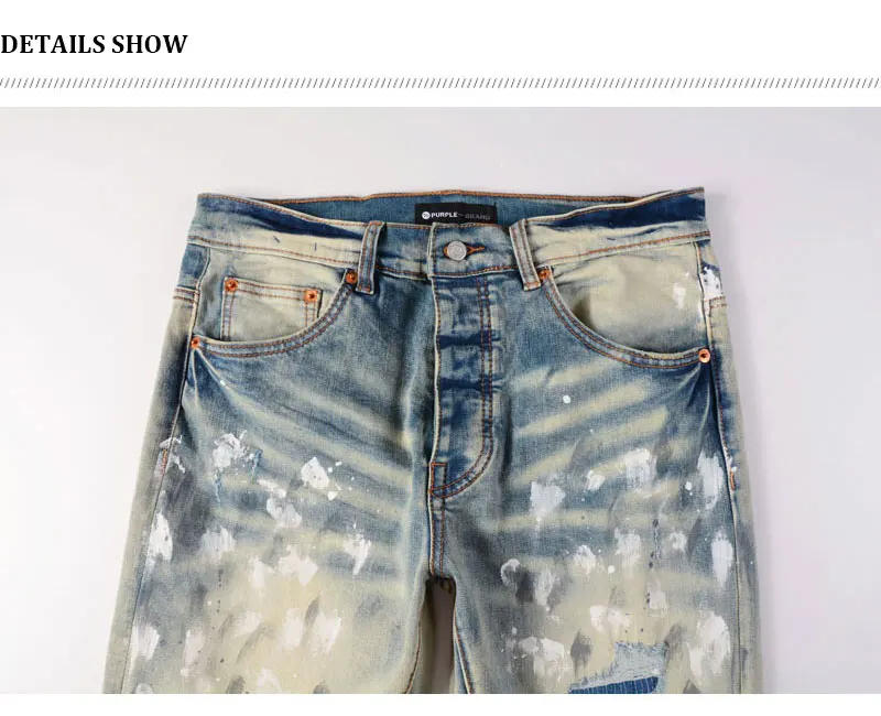 Description Picture 4 of itemHigh Street Fashion Men's Yellow Blue Jeans Vintage Split Painted Jeans Designer Hip Hop Brand Tight Pants hombre