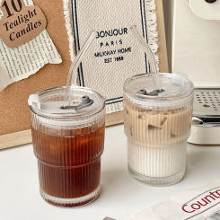 Transparent Glasses with Lid and Straw Ice Coffee Mug Tea Cup Juice Glass Milk Water Cup Drinkware 450ml Stripe Glass Cup