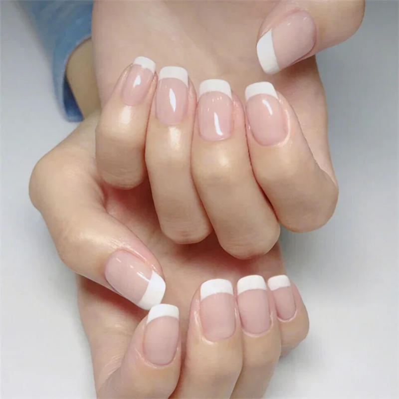 Description Picture 4 of item24Pcs/Set Short French Minimalist Nails Fake Nude Pink White Edge Press on Acrylic Nails Art Full Cover Wearable False Nail Tips