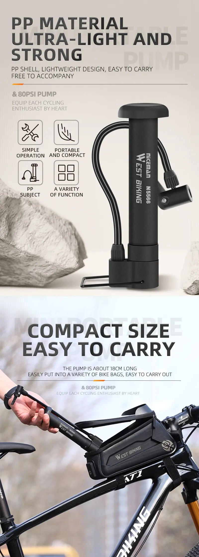 Description Picture 5 of itemWEST BIKING MTB Bicycle Pump 80 PSI Bike Manual Air Pump Balloon Tire Inflator Schrader Valve Floor Pump Cycling Accesories