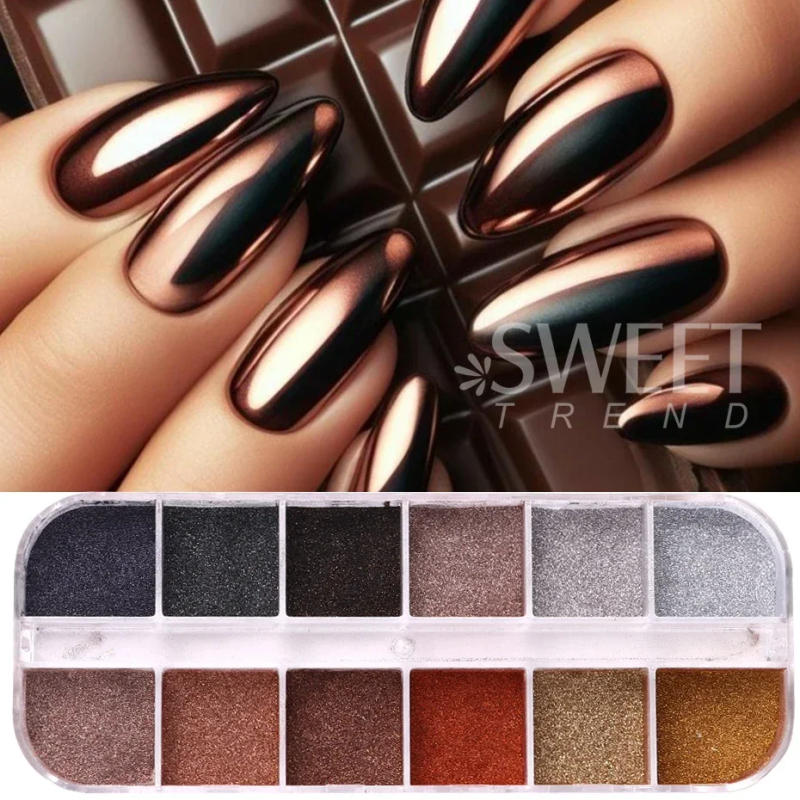 Description Picture 6 of item12 Grids Autumn Winter Color Dark Nail Glitter Pigment Magic Mirror Brown Silver Gold Rub Powder Gel Polish Dust Manicure Decor