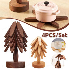 4Pcs/Set Tree Design Stand Wooden Trivets Non-Slip Decorative Anti Scald Heat Resistant Mat Table Accessory for Teapot Hot Pots