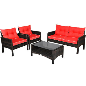 Patiojoy 4 PCS Outdoor Patio Rattan Wicker Furniture Set Sofa Loveseat W/Red Cushion New