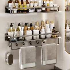 50cm  Double Bathroom Shelf with Towel Bar Wall Shelf Shower Holder Storage Rack Robe Hooks Bathroom Accessories
