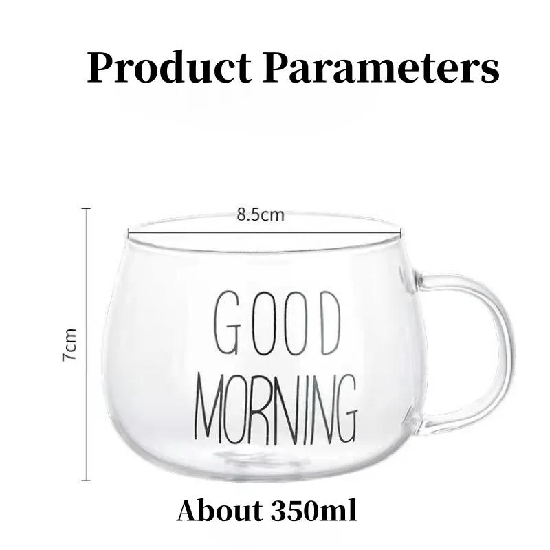 Description Picture 6 of item350ml Letter Printed Transparent Creative Glass Coffee Tea Mug Drinks Dessert Breakfast Milk Cup Glass Mugs Handle Drinkware