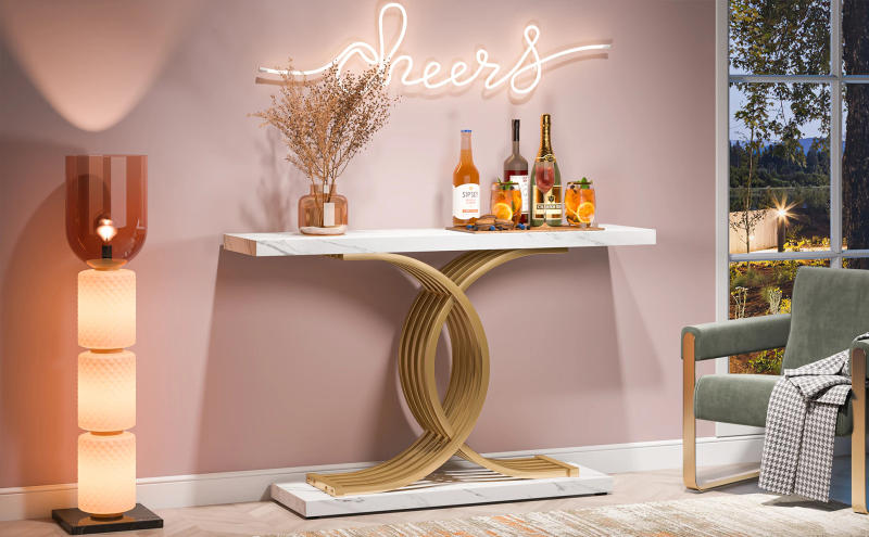 Description Picture 3 of itemTribesigns Gold Entryway Table, Modern 39-Inch Console Faux Marble Narrow Wood Sofa with Geometric Metal Legs