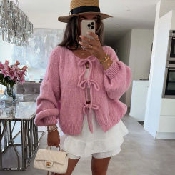 Autumn And Winter New Women's Cardigan Coat Solid Color Crew Neck Tie Knit Loose Sweater Fashion Simple All-match Commuter Style