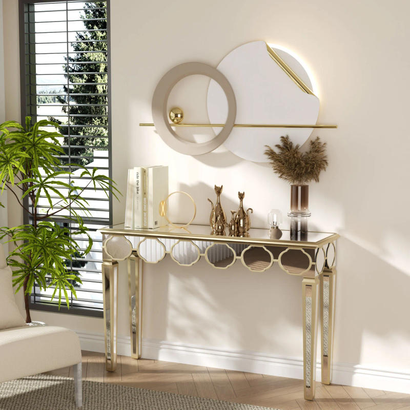 Description Picture 4 of item48'' Console Table Rectangular Silver Mirrored Entryway Table with Gold Rim Decor
