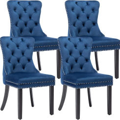 Blue,Velvet Dining Chairs Set of 4, Upholstered High-end Tufted Dining Room Chair with Nailhead Back Ring Pull Trim Solid Wood L