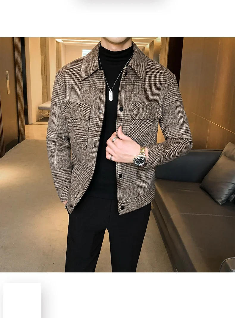 Description Picture 6 of item2024 Plaid Jackets Men  Wool Trench Coat Jacket Outwear Casual Slim Fit Thicker Winter Jackets High Quality Coat