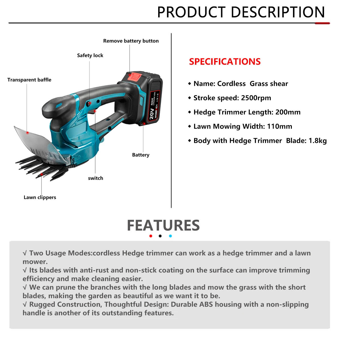 Description Picture 5 of item21v Cordless Electric Hedge Trimmer Shears 2 IN 1 Rechargeable Handheld Grass Cutter Garden Hedge Trimmer Fit Makita 18V Battery