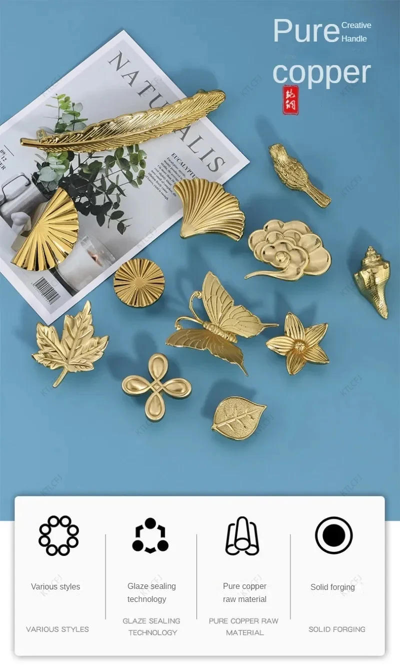 Description Picture 2 of itemPure Brass Cabinet Door Handle Light Luxury Nordic Butterfly Feather All Copper Drawer Handle American Gold Cabinet Door Handle