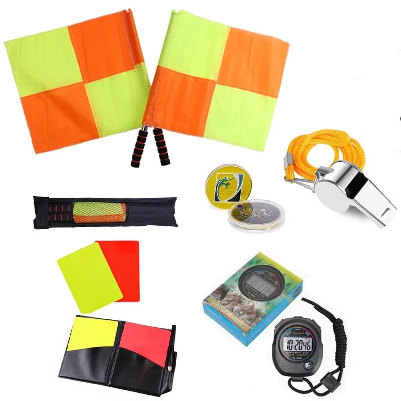 Description Picture 2 of item1 Set Referee Supplies Set Edge Patrol Chess Stopwatch Whistle Red and Yellow Card Thrower Match Supplies Set
