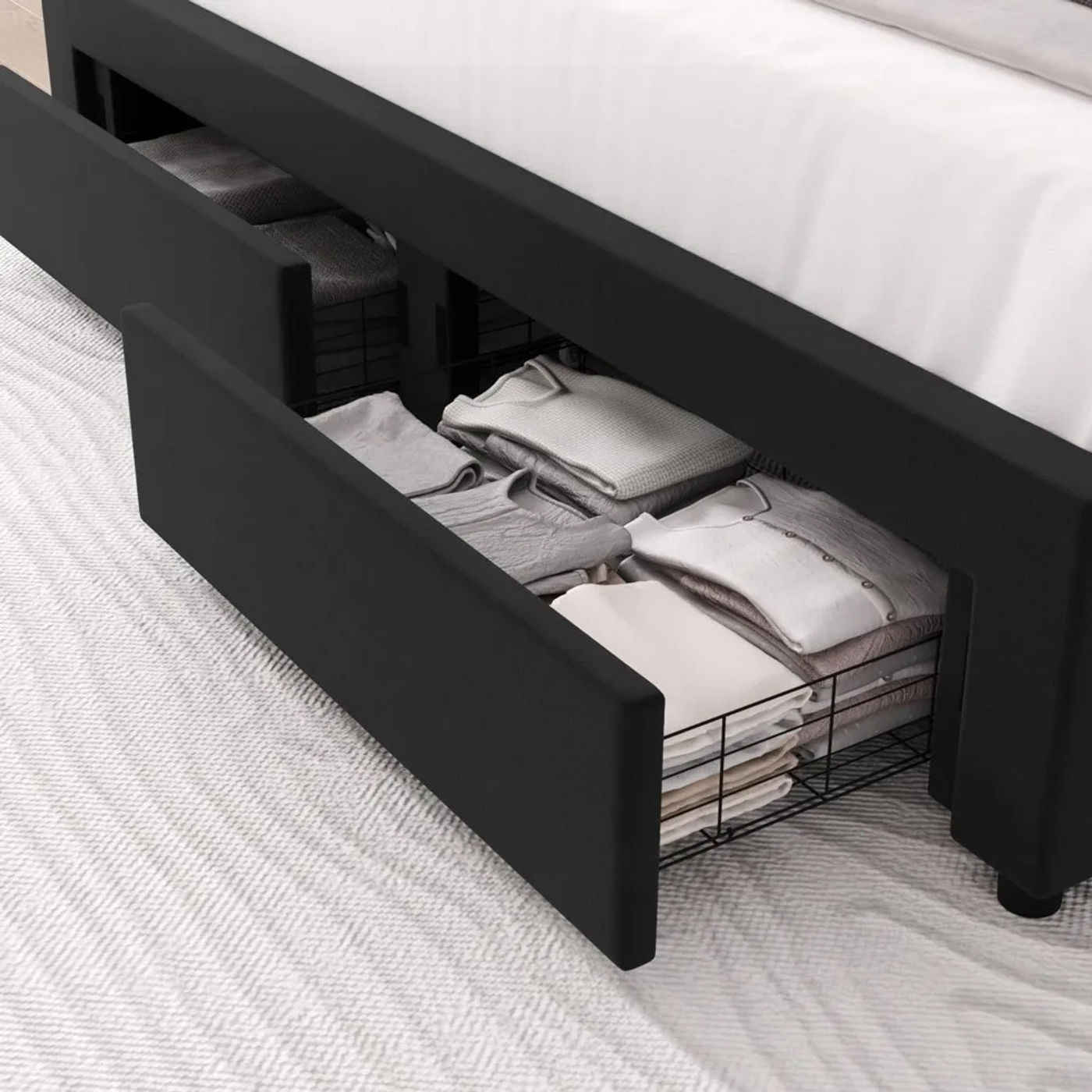 Description Picture 5 of itemKing Upholstered LED Bed Frame with 2 Storage Drawers, Velvet Platform Bed with Wingback Headboard, Solid Wooden Slats Support