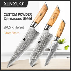 XINZUO 3PCS Knife Set 73 Layers Damascus Steel Razor Sharp Blade 14Cr14MoVNb Powder Steel Olive Wood Handle