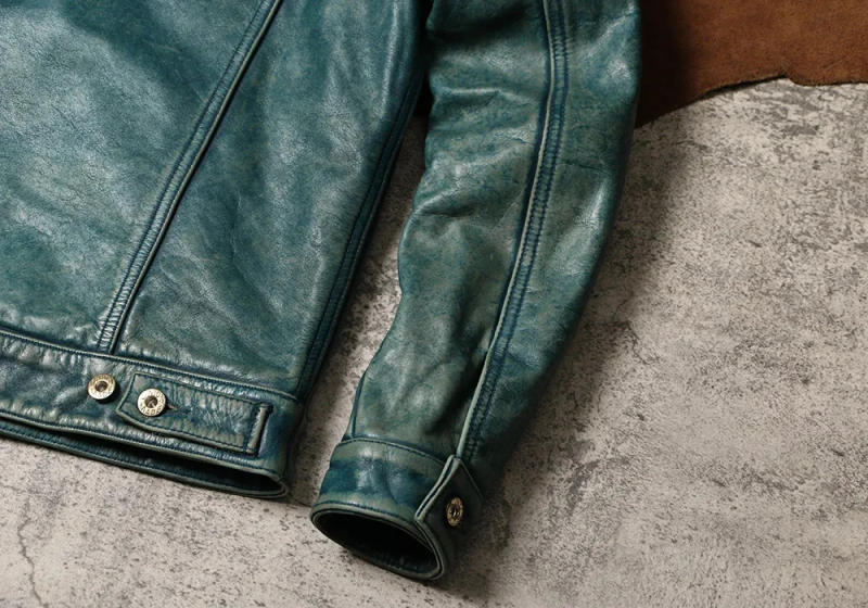 Description Picture 6 of itemFree shipping.CC.Men Vintage 507 style leather jacket.Light Blue Retro short real cowhide coat.heavy quality slim cloth