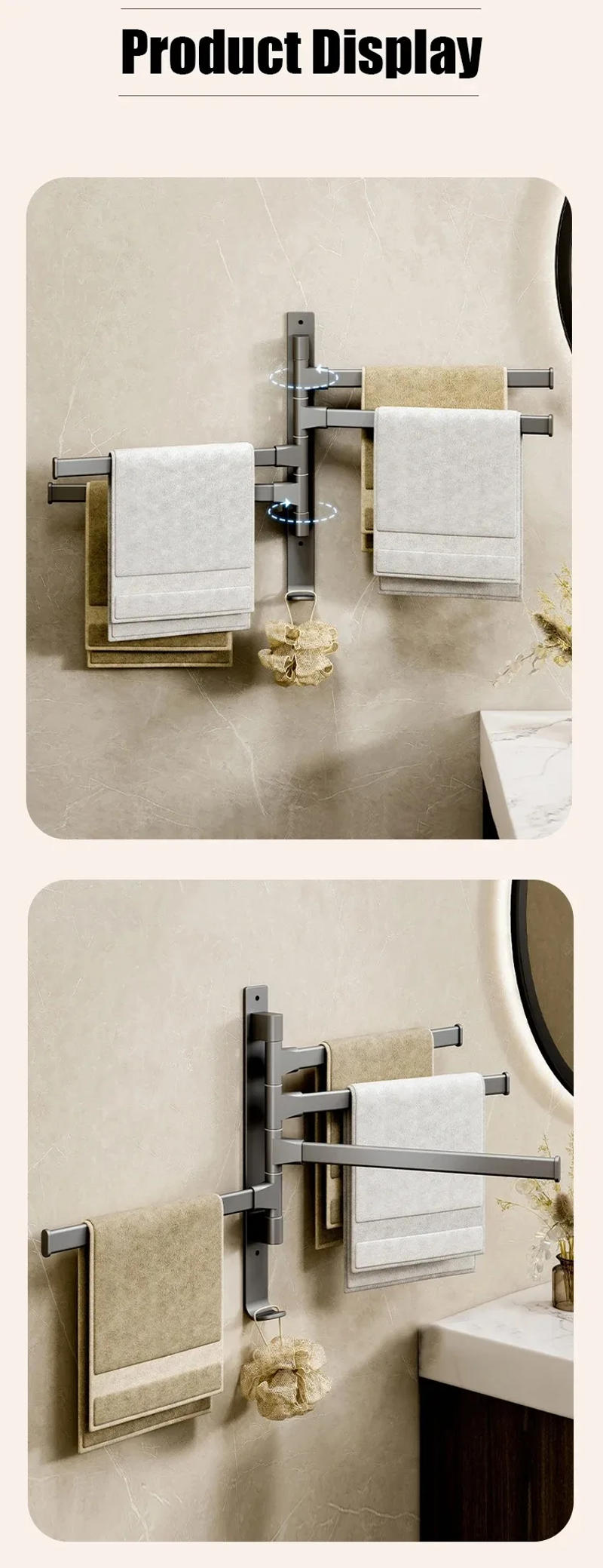 Description Picture 2 of itemRotatable 180° Towel Holder Space Aluminum Shower Room Towel Hanger Multifunctional Storage Organizer For Bathroom Accessories