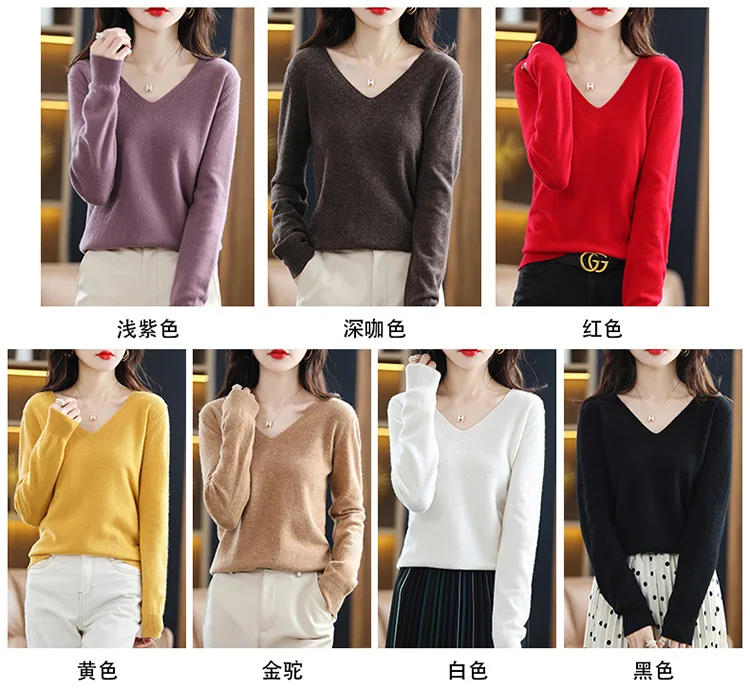 Description Picture 3 of itemWomen Sweater 2024 Spring Autumn Warm Winter Slim Fit Bottoming Shirt  V-neck Korean Knitted Tops Casual High Strecth Jumpers