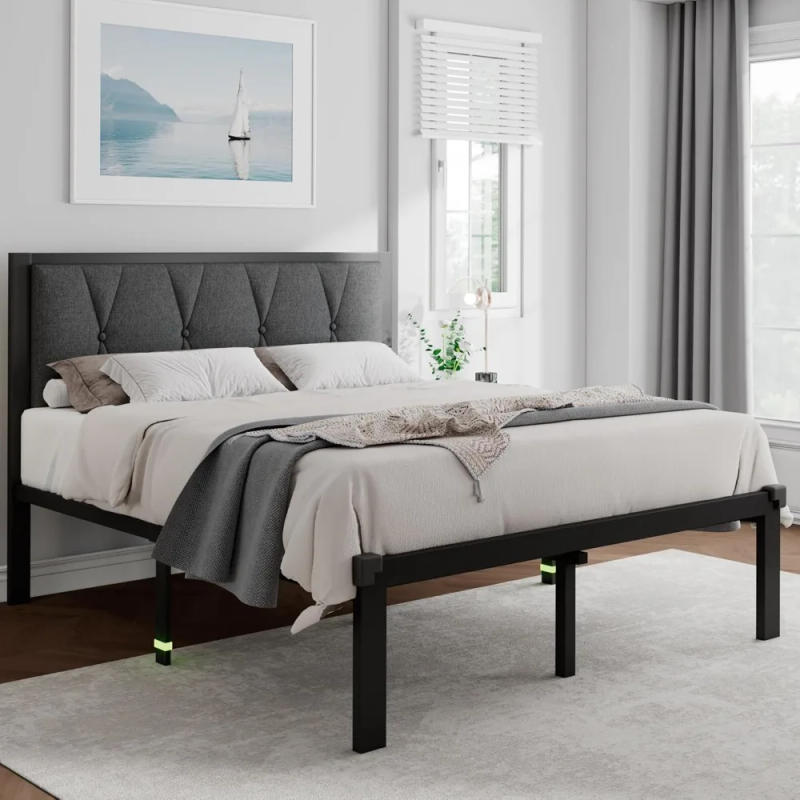 Description Picture 3 of itemQueen Size Metal Bed Frame with Fabric Button Tufted Headboard, Platform Bed Frame with Heavy Duty Metal Slats, 12" Stor