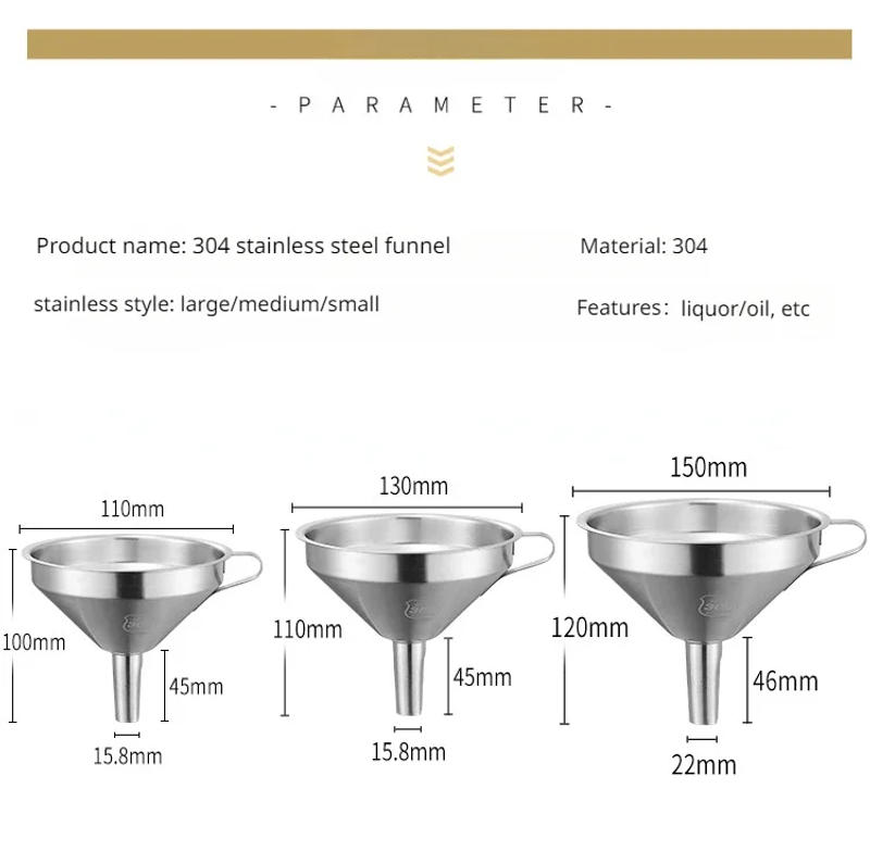 Description Picture 3 of itemHot Sales Kitchen Oil Liquid Stainless Steel Funnel Metal Funnel with Detachable Filter Wide Mouth Funnels for Canning Kitchen