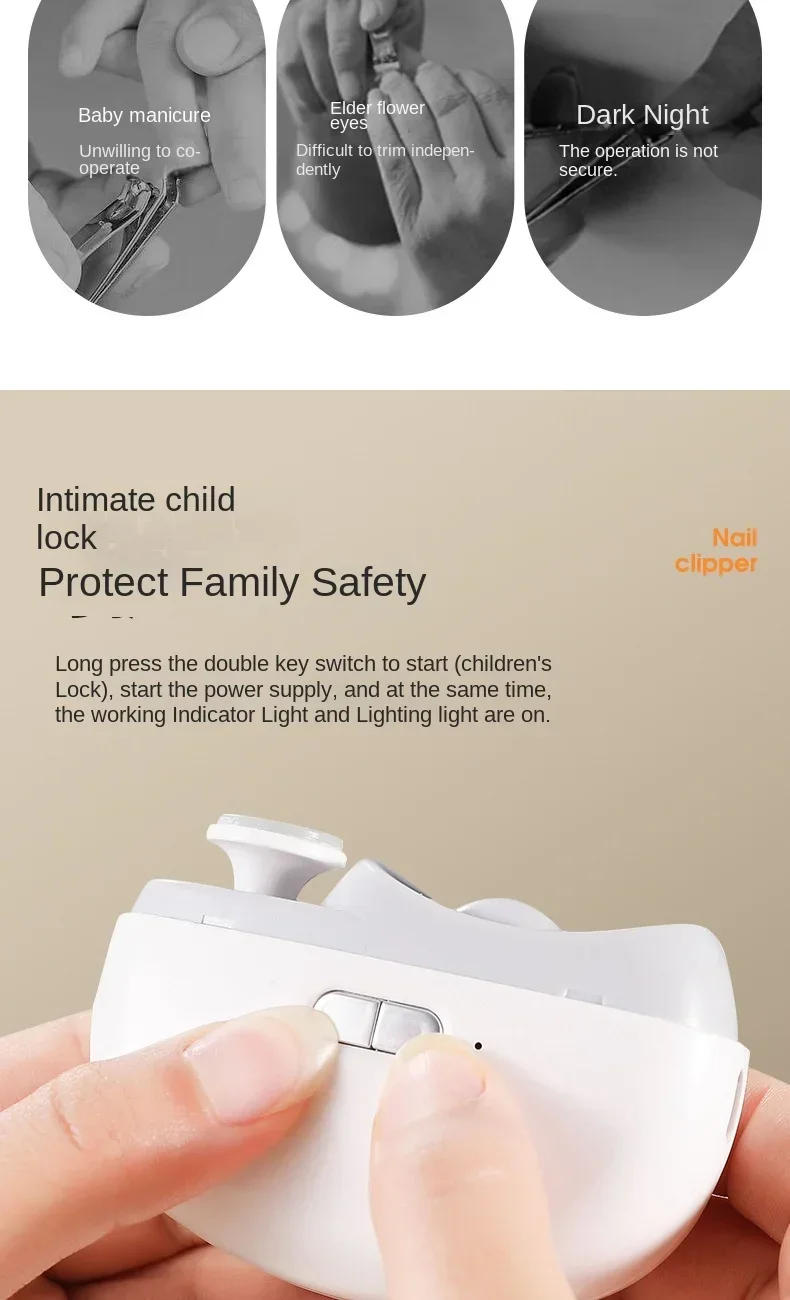 Description Picture 3 of itemElectric Automatic Nail Clipper with Light Fingernail Cutter and Polisher USB Rechargeable Safety Fingernail Trimmer for Baby