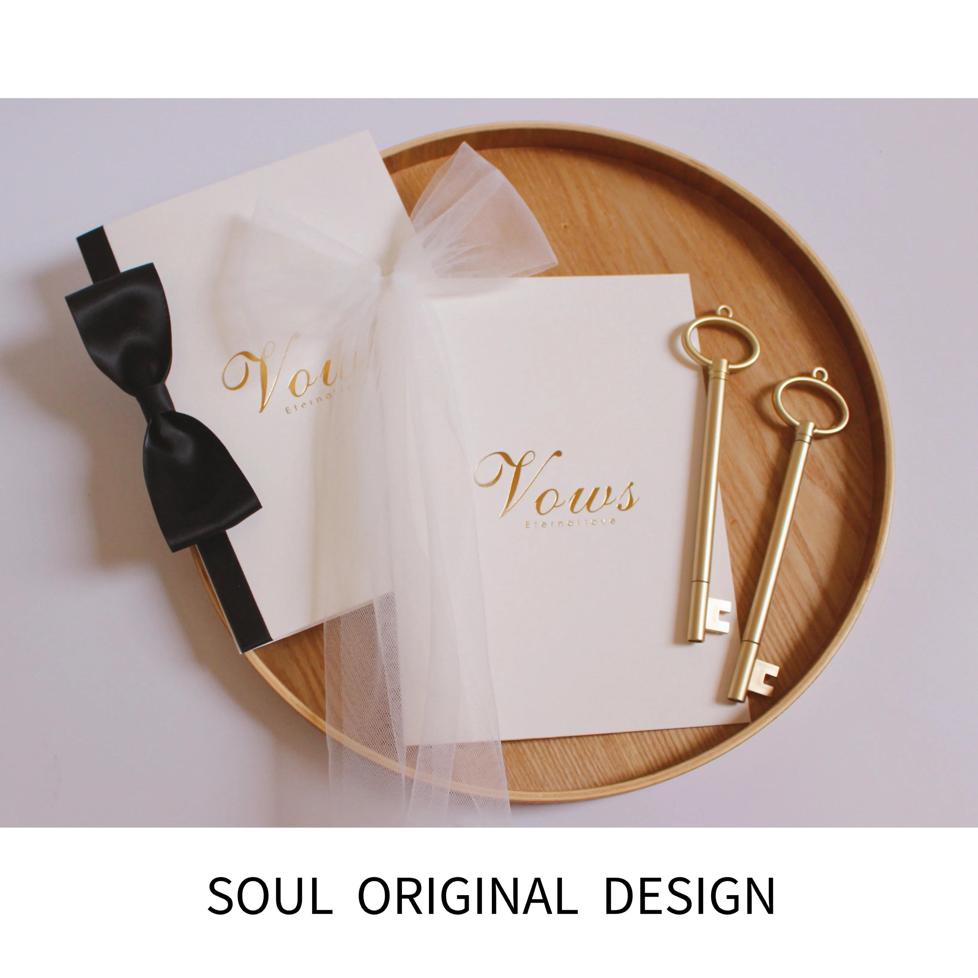 Description Picture 3 of item1 Pair INS Style Bronzing Wedding Vows Book Card with Pens  Decoration Invite Gift Book Vow Cards with Ribbons 14x20cm