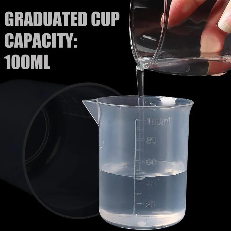 Description Picture 3 of item1/12PCS 100 ML Graduated Measuring Cup Transparent Plastic Pour Laboratory Container Spout Without Handle Kitchen Bar Supplies